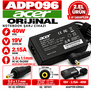 Acer Orijinal 40W 19V 2.15A 3.0*1.1mm 2.EL Acer Asus Samsung Notebook Laptop Adaptör