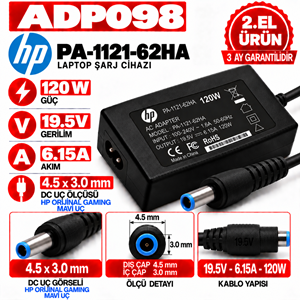 HP PA-1121-62HA 120W 19.5v 6.15A 4.5*3.0mm 2.EL HP Dell Orijinal Gaming Mavi Uç Notebook Laptop Adaptör