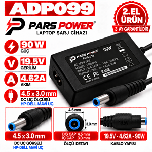 PARS POWER PRS-019 90W 19.5v 4.62A 4.5*3.0mm 2.EL HP Dell Mavi Uç Notebook Laptop Adaptör