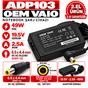 OEM Vaio 49W 19.5v 2.5A 6.5*4.4 mm 2.EL Sony Notebook Laptop Adaptör