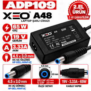 XEO A48 65W 19V 3.33A 4.5*3.0mm 2.EL HP Dell Mavi Uç Notebook Laptop Adaptör