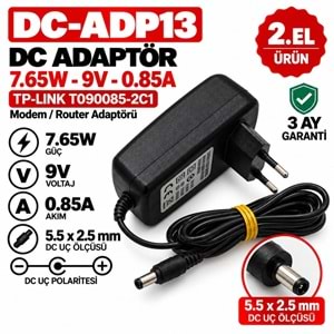 TP-LINK T090085-2C1 - 7.6W - 9V - 0.85A / 5.5 × 2.5 mm - 2.El Standart Giriş Cihaz Adaptörü