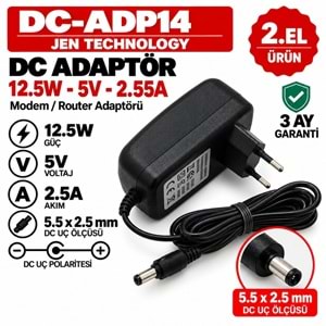 JEN TECHNOLOGY DC-ADP14 - 12W - 5V - 2.5A / 5.5 × 2.5 mm - 2.El Standart Giriş Cihaz Adaptörü