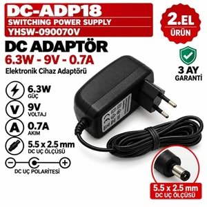 SWITCHING YSHW-090070V - 6.5W - 9V - 0.7A / 5.5 × 2.1 mm - 2.El Elektronik Cihaz Adaptörü