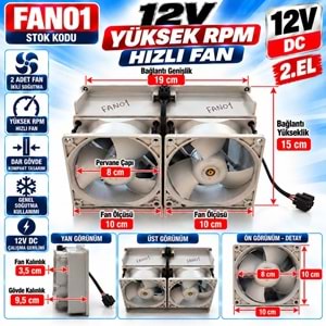 FAN01 12V DC - 10x10cm Fan Çapı - 19 cm Bağlantı Genişliği - 15cm Yükseklik - 9.5cm Gövde Kalınlık - 3.5cm Fan Kalınlık - Yüksek RPM 2. El İkili SoğutucFAN01 12V DCu Fan