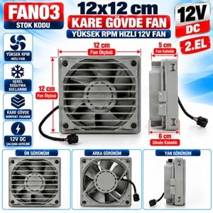 FAN03 12V DC - 12x12cm Fan Çapı - 19 cm Bağlantı Genişliği - 12 cm Yükseklik - 6cm Gövde Kalınlık - 5cm Fan Kalınlık - Yüksek RPM 2. El Tekli Soğutucu Fan