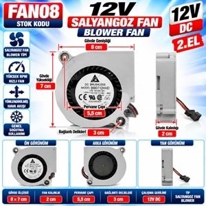 FAN08 12V DC - 5,5cm Fan Çapı - 8 cm Bağlantı Genişliği - 7 cm Yükseklik - 2cm Gövde Kalınlık - Yüksek RPM 2. El Blower Tipi Soğutma Salyangoz Fan