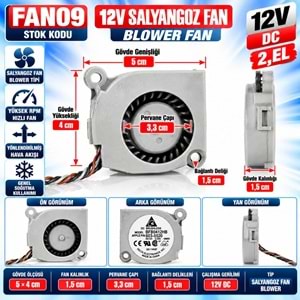 FAN09 12V DC - 3,3cm Fan Çapı - 5 cm Bağlantı Genişliğ - 4 cm Yükseklik - 1.5cm Gövde Kalınlık - Yüksek RPM 2. El Blower Tipi Soğutma Salyangoz Fan