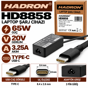 HADRON HD8858 65W 20V 3.25A Type-C Uç Macbook Lenovo Dell HP Asus Laptop-Notebook Adaptörü