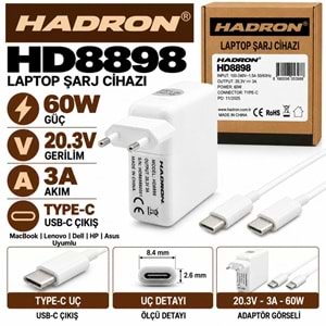 HADRON HD8898 60W 20.3V 3A Type-C Uç MacBook Lenovo Dell HP Asus Laptop-Notebook Adaptörü