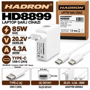 HADRON HD8899 85W 20.2V 4.3A Type-C Uç MacBook Lenovo Dell HP Asus Laptop-Notebook Adaptörü