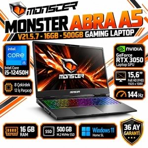 Monster Abra A5 V21.5.7 i5-12450H 16GB RAM 500GB M.2 NVMe SSD RTX 3050 15.6