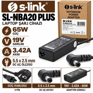 S-LINK SL-NBA20 PLUS 65W 19V 3.42A / 5.5 × 2.5 mm ASUS / Acer / Standart Uçlu Notebook - Laptop Adaptörü
