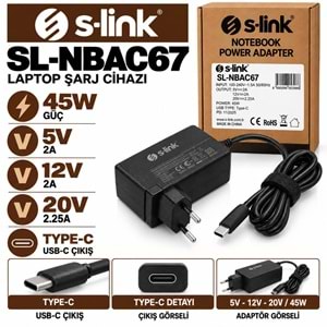 S-LINK SL-NBAC67 45W 20V-12V-5V / 2.25A Type-C Uç MacBook Lenovo Dell HP Asus Laptop-Notebook Adaptörü