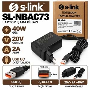 S-LINK SL-NBAC73 40W 20V 2A USB Uç Lenovo YOGA3 / Notebook - Laptop Adaptörü
