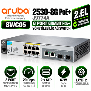 RUBA 2530-8G PoE+ (J9774A) 2.EL 8 Port Gigabit PoE+ Yönetilebilir Ağ Switch