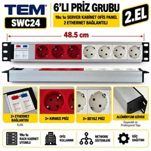 TEM Priz Grubu 19u 1u / Server Kabinet Ofis Panel / 2 Eternet Bağlantılı Alüminyum Gövde 2.El 6.lı Grup Priz Ünitesi