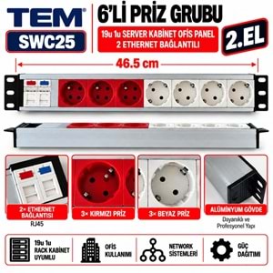 TEM Priz Grubu 18u 1u / Server Kabinet Ofis Panel / 2 Eternet Bağlantılı Alüminyum Gövde 2.El 6.lı Grup Priz Ünitesi