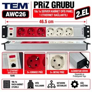TEM Priz Grubu 18u 1u / Server Kabinet Ofis Panel / 1 Eternet Bağlantılı Alüminyum Gövde 2.El 6.lı Grup Priz Ünitesi