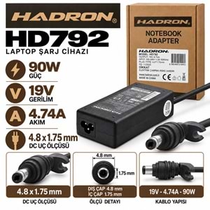 HADRON HD792 90W 19V 4.74A / 4.8 × 1.7 mm HP / ASUS / SAMSUNG / Notebook - Laptop Adaptörü