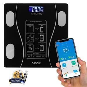 Asonic BS260 Siyah 260x260mm Boyutunda 2*AAA Pil Hediyeli Dijital Bluetooth Baskül