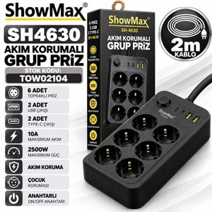 SHOWMAX SH4630 Topraklı Termal Akım Korumalı 2M Uzatma Kablosu Anahtarlı 6-Priz 2-USB 2-Type-C Siyah Grup Priz Ünitesi