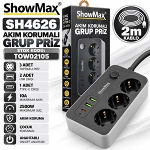 SHOWMAX SH4626 Topraklı Termal Akım Korumalı 2M Uzatma Kablosu Anahtarlı 3-Priz 2-USB 1-Type-C Siyah Grup Priz Ünitesi