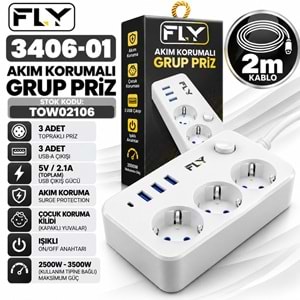 FLY 3406-01 Topraklı Termal Akım Korumalı 2M Uzatma Kablolu Anahtarlı 3-Priz 3-USB Grup Priz Ünitesi