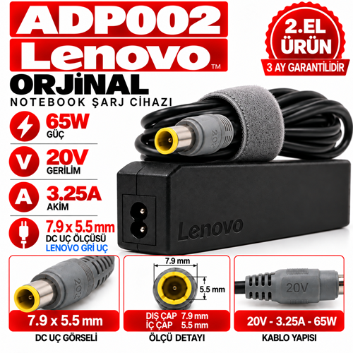 LENOVO Orjinal 65W 20V 3.25A 7.9*5.5mm 2.EL Gri Boru Uç Notebook Laptop Adaptör