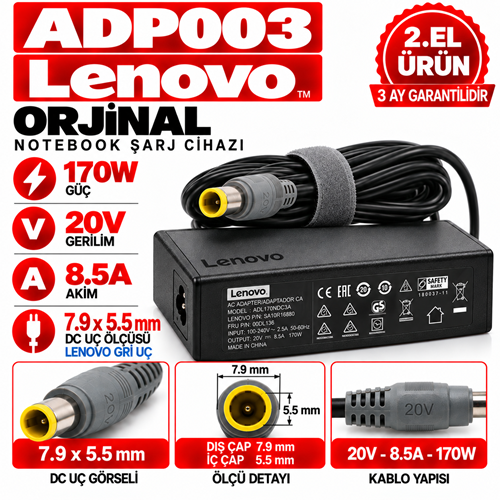 LENOVO Orjinal 170w 20V 8.5A 7.9*5.5mm 2.EL Gri Boru Uç Notebook Laptop Adaptör