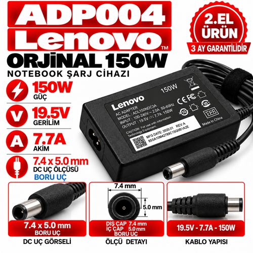 LENOVO Orjinal 150w 19.5v 7.7A 7.4*5.0mm 2.EL Lenovo Dell HP Boru Uç Notebook Laptop Adaptör