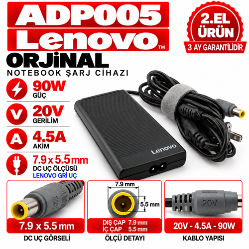 LENOVO Orjinal 90W 20V 4.5A 7.9*5.5mm 2.EL Gri Boru Uç Notebook Laptop Adaptör