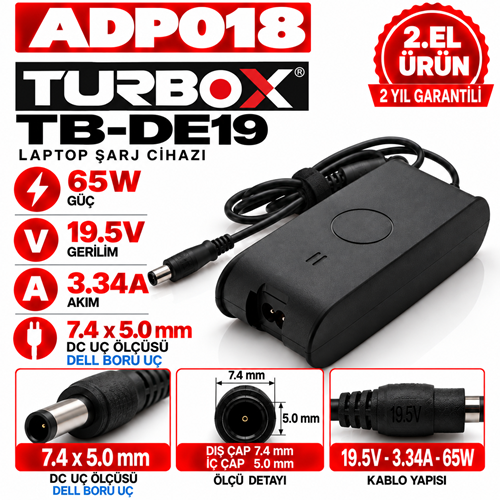Turbox TB-DE19 65W 19.5v 3.34a 7.4*5.0mm 2.EL DELL Boru Uç Notebook Laptop Adaptör