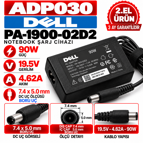 Dell PA-1900-02D2 90W 19.5v 4.62A 7.4*5.0mm 2.EL Boru Uç Notebook Laptop Adaptör