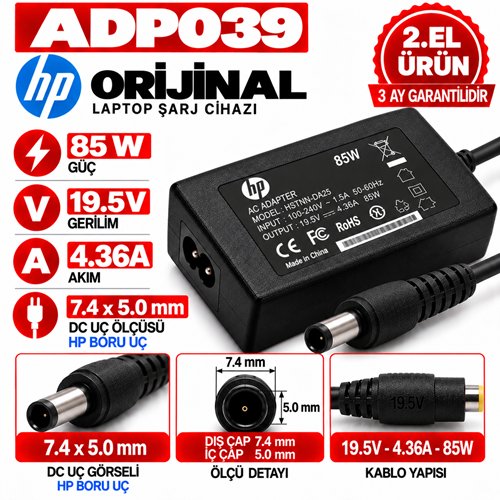 hp Orijinal 85W 19.5v 4.36A 7.4*5.0mm 2.EL Boru Uç Notebook Laptop Adaptör