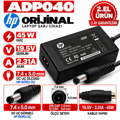 Hp Orijinal 45W 19.5v 2.31A 7.4*5.0mm 2.EL Boru Uç Notebook Laptop Adaptör
