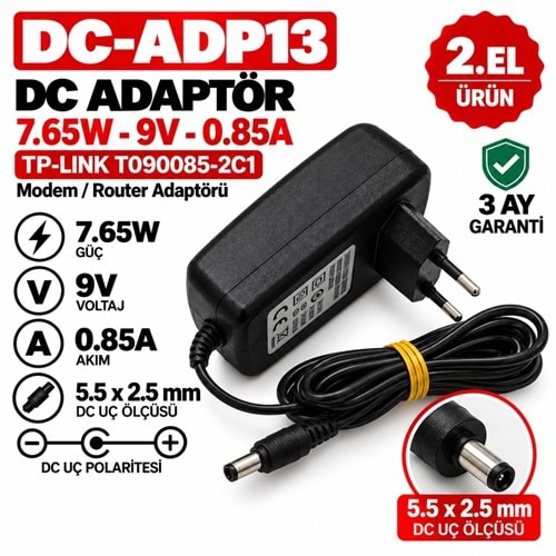 TP-LINK T090085-2C1 - 7.6W - 9V - 0.85A / 5.5 × 2.5 mm - 2.El Standart Giriş Cihaz Adaptörü