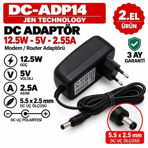 JEN TECHNOLOGY DC-ADP14 - 12W - 5V - 2.5A / 5.5 × 2.5 mm - 2.El Standart Giriş Cihaz Adaptörü