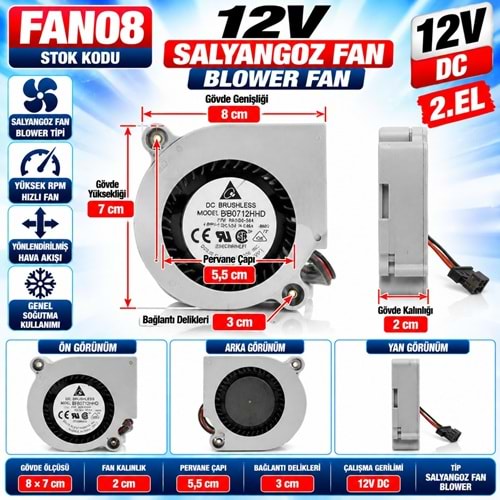 FAN08 12V DC - 5,5cm Fan Çapı - 8 cm Bağlantı Genişliği - 7 cm Yükseklik - 2cm Gövde Kalınlık - Yüksek RPM 2. El Blower Tipi Soğutma Salyangoz Fan