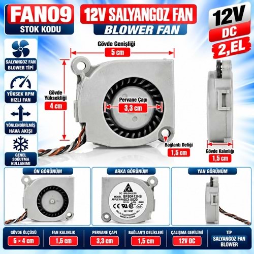 FAN09 12V DC - 3,3cm Fan Çapı - 5 cm Bağlantı Genişliğ - 4 cm Yükseklik - 1.5cm Gövde Kalınlık - Yüksek RPM 2. El Blower Tipi Soğutma Salyangoz Fan