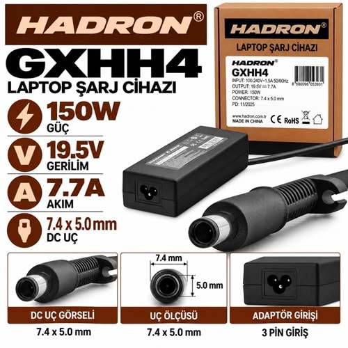 HADRON GXHH4 150W 19.5V 7.7A 7.4x5.0 mm Dell HP Laptop-Notebook Adaptörü