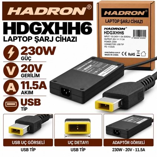 HADRON GXHH6 230W 20V 11.5A USB Uç Lenovo IBM Laptop-Notebook Adaptörü