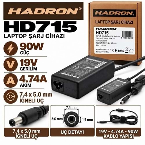 HADRON HD715 90W 19V 4.74A / 7.4 × 5.0 mm Dell / HP / Notebook - Laptop Adaptörü
