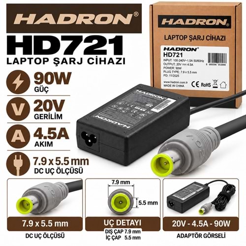 HADRON HD721 90W 20V 4.5A / 7.9 × 5.5 mm IBM / Lenovo / ThinkPad / Notebook - Laptop Adaptörü