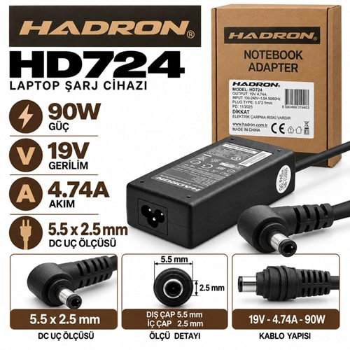 HADRON HD724 90W 19V 4.74A / 5.5 × 2.5 mm ASUS / MSI / TOSHIBA / CASPER / Notebook - Laptop Adaptörü