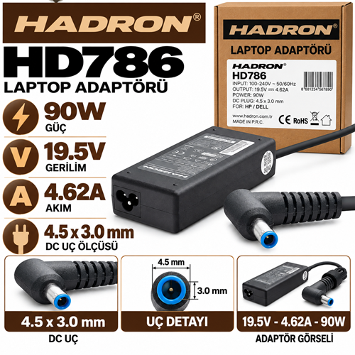 HADRON HD786 90W 19.5V 4.62A / 4.5 × 3.0 mm HP / Dell / Notebook - Laptop Adaptörü