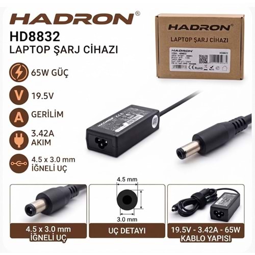 HADRON HD8832 65W 19.5V 3.42A / 4.5 × 3.0 mm HP / Dell / ASUS / Notebook - Laptop Adaptörü