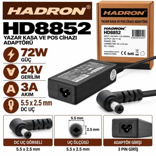 HADRON HD8852 72W 24V 3A 5.5x2.5 mm Yazar Kasa ve POS Cihazı Adaptörü