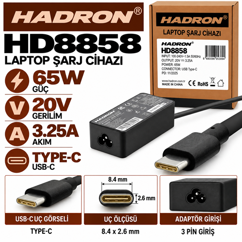 HADRON HD8858 65W 20V 3.25A Type-C Uç Macbook Lenovo Dell HP Asus Laptop-Notebook Adaptörü