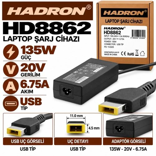 HADRON HD8862 135W 20V 6.75A USB Uç Lenovo Laptop-Notebook Adaptörü